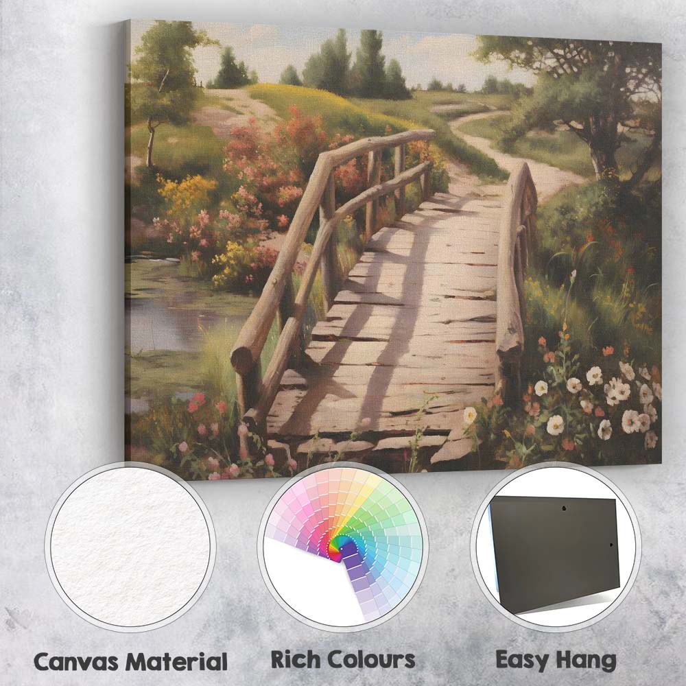 Rustic Wooden Footbridge Wildflower Garden Countryside Landscape Canvas Wall Art Print Decor Picture Ready to Hang