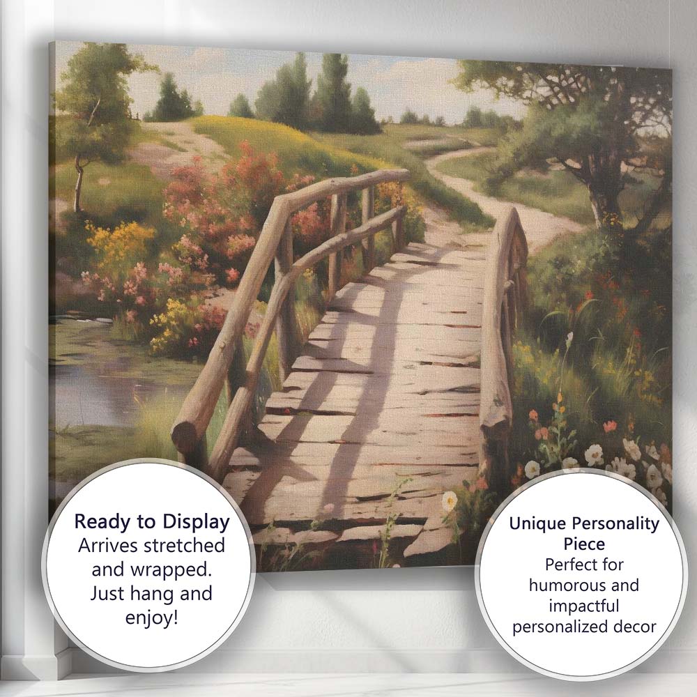 Rustic Wooden Footbridge Wildflower Garden Countryside Landscape Canvas Wall Art Print Decor Picture Ready to Hang