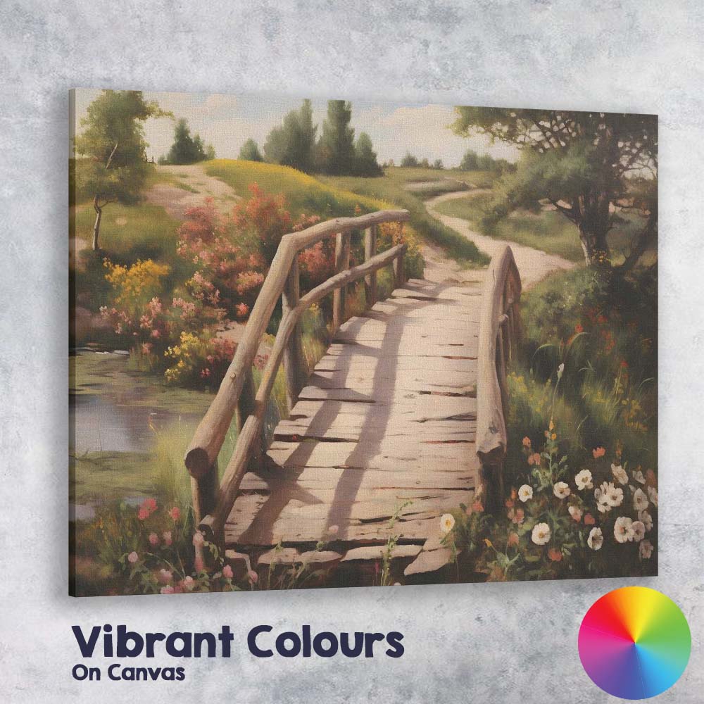 Rustic Wooden Footbridge Wildflower Garden Countryside Landscape Canvas Wall Art Print Decor Picture Ready to Hang