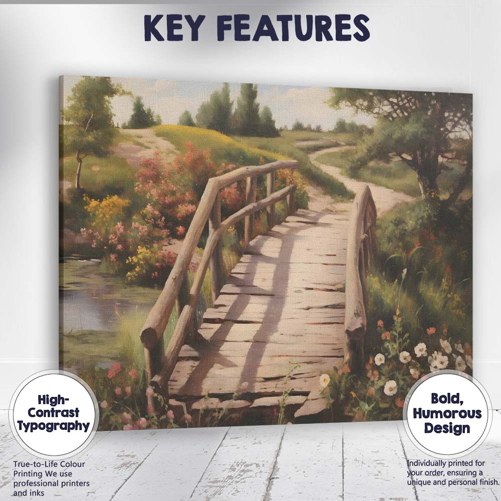 Rustic Wooden Footbridge Wildflower Garden Countryside Landscape Canvas Wall Art Print Decor Picture Ready to Hang