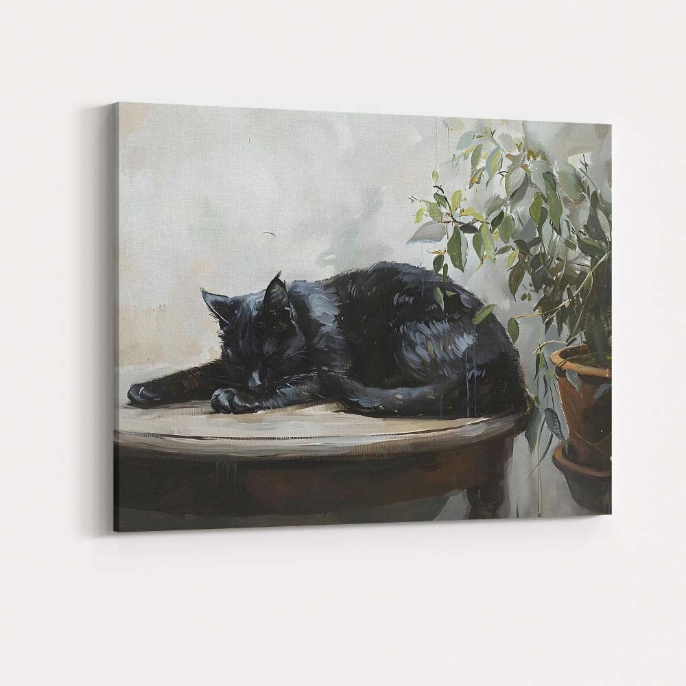 Sleeping Black Cat Botanical Houseplant Contemporary Animal Canvas Wall Art Print Decor Picture Ready to Hang