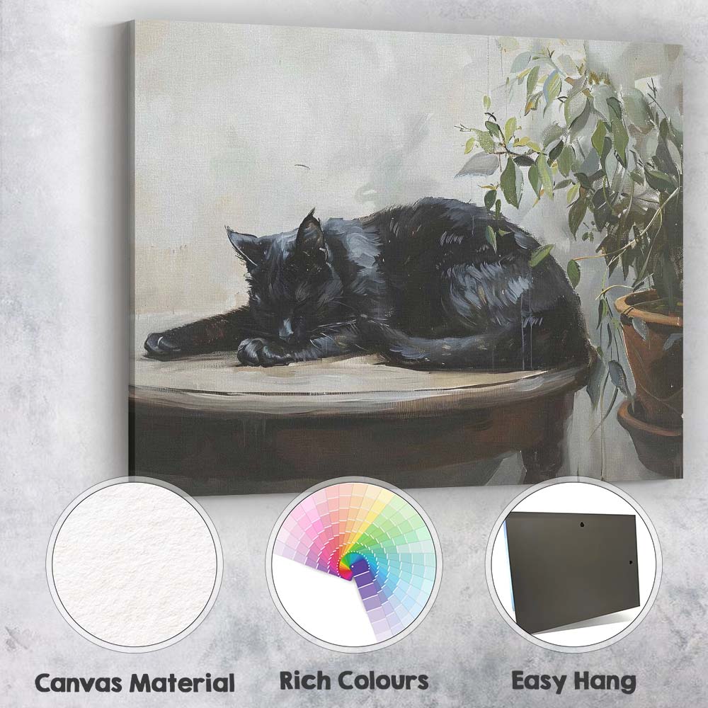 Sleeping Black Cat Botanical Houseplant Contemporary Animal Canvas Wall Art Print Decor Picture Ready to Hang