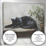 Sleeping Black Cat Botanical Houseplant Contemporary Animal Canvas Wall Art Print Decor Picture Ready to Hang