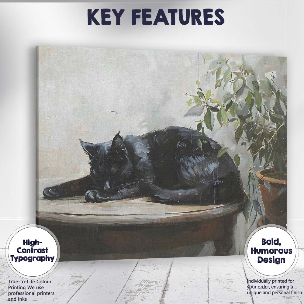 Sleeping Black Cat Botanical Houseplant Contemporary Animal Canvas Wall Art Print Decor Picture Ready to Hang