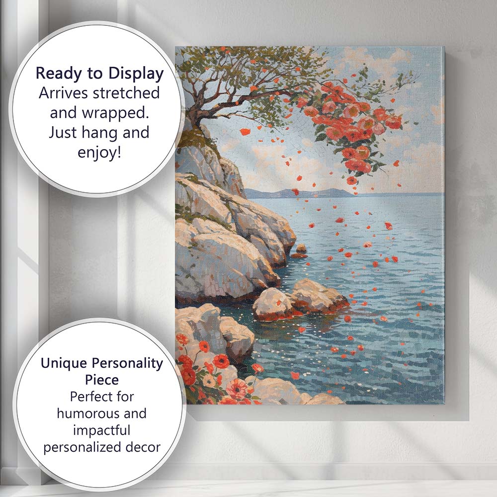 Mediterranean Coastal Poppy Blossom Cliff Seascape Mosaic Style Canvas Wall Art Print Decor Picture Ready to Hang