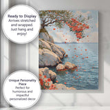 Mediterranean Coastal Poppy Blossom Cliff Seascape Mosaic Style Canvas Wall Art Print Decor Picture Ready to Hang