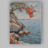 Mediterranean Coastal Poppy Blossom Cliff Seascape Mosaic Style Canvas Wall Art Print Decor Picture Ready to Hang