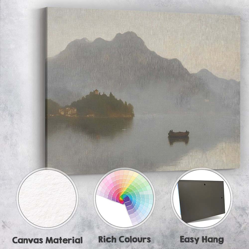 Misty Mountain Lake Island Boat Atmospheric Landscape Canvas Wall Art Print Decor Picture Ready to Hang
