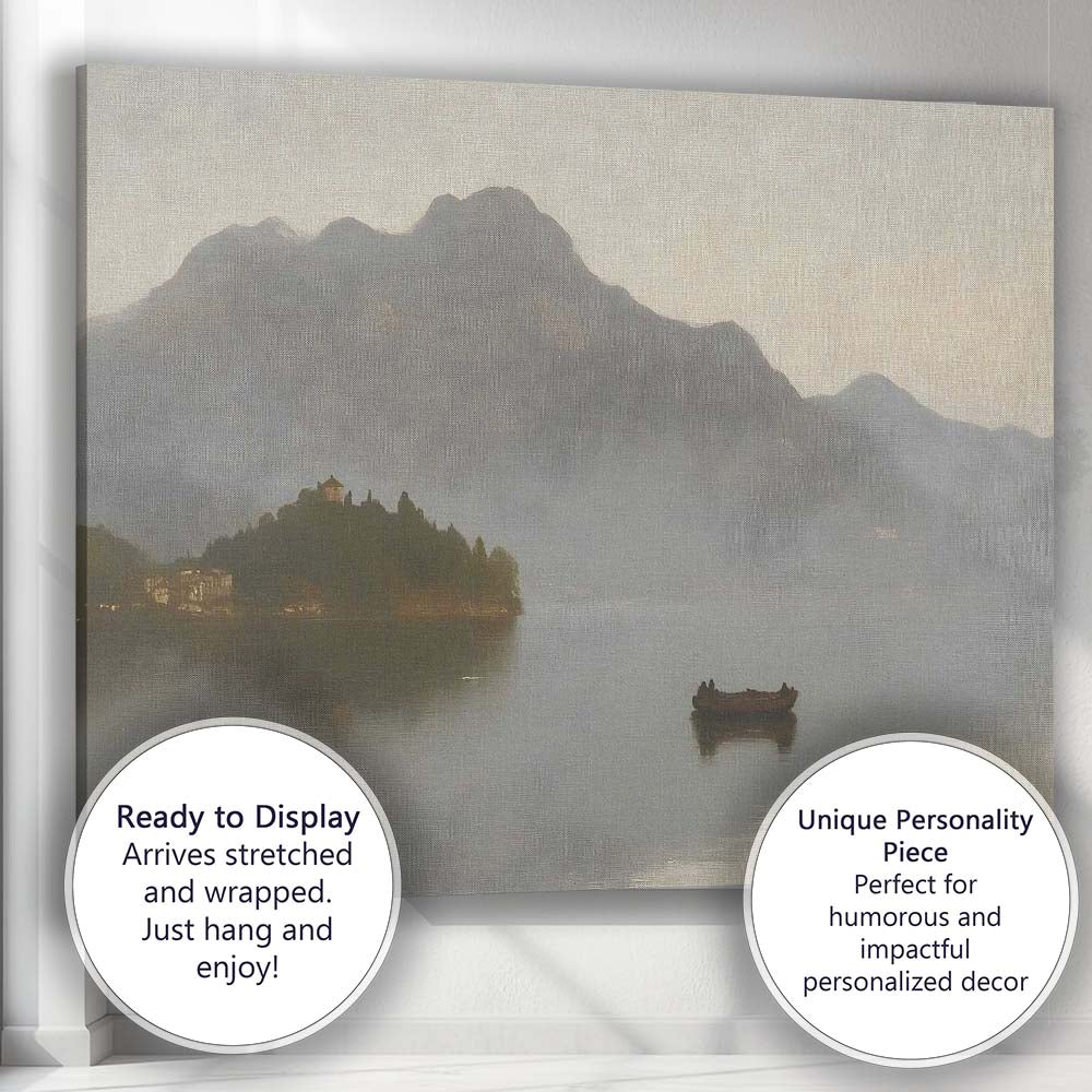 Misty Mountain Lake Island Boat Atmospheric Landscape Canvas Wall Art Print Decor Picture Ready to Hang