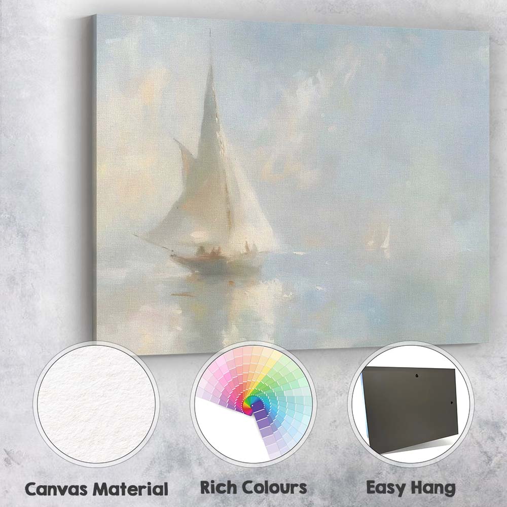 Minimalist Misty Sailboat Ocean Seascape Painting Canvas Wall Art Print Decor Picture Ready to Hang