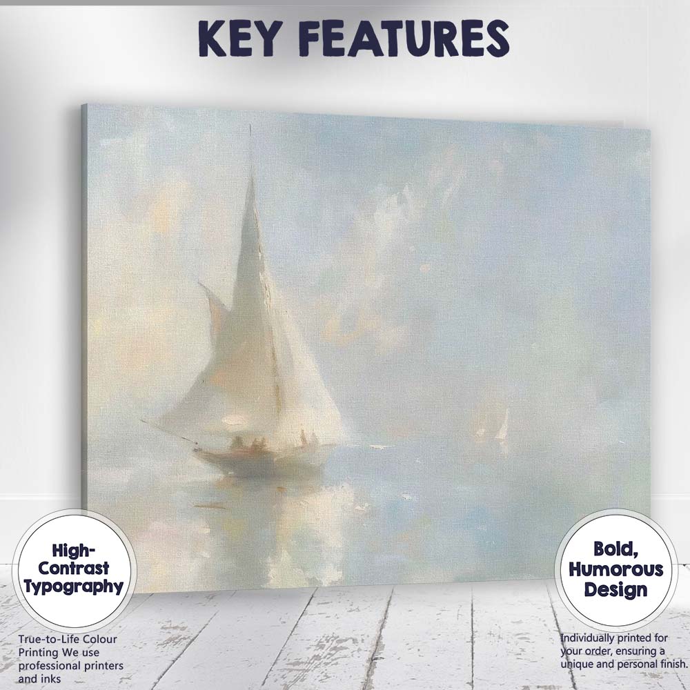 Minimalist Misty Sailboat Ocean Seascape Painting Canvas Wall Art Print Decor Picture Ready to Hang