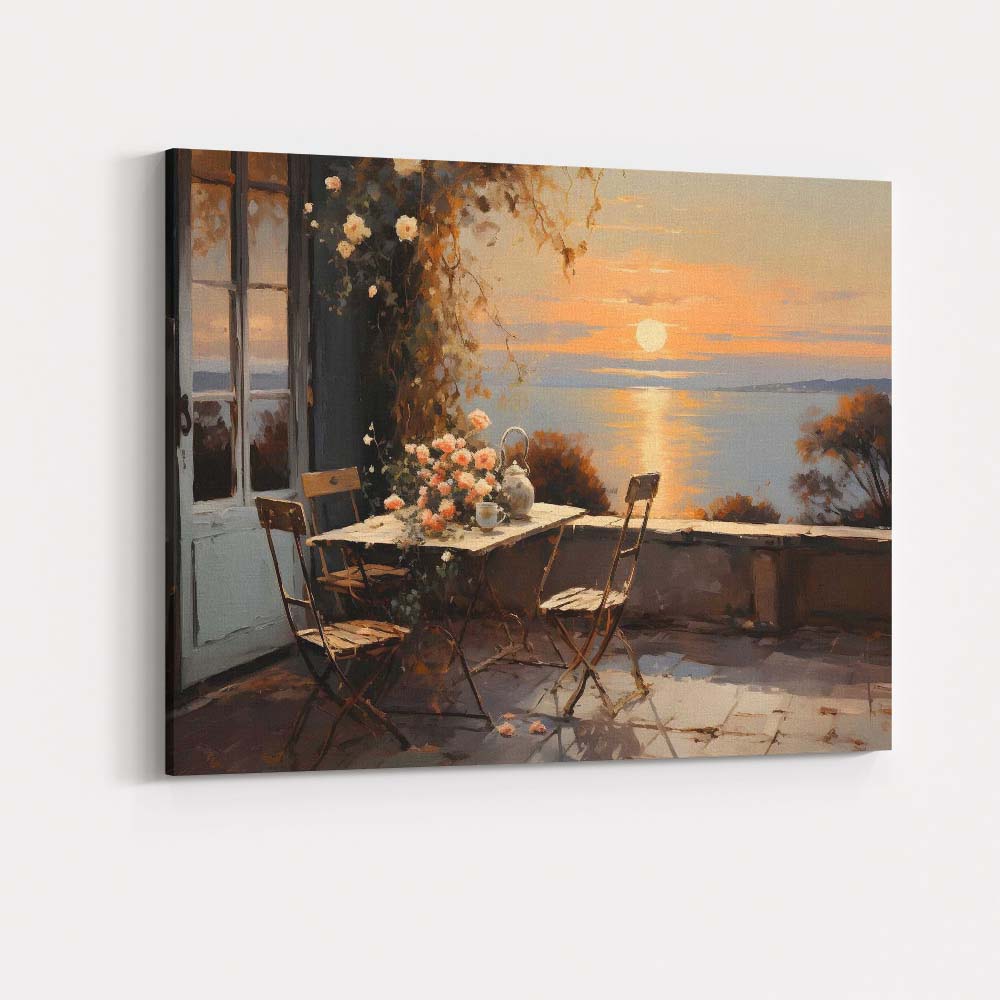 Romantic Sunset Terrace Ocean View Floral Cafe Painting Canvas Wall Art Print Decor Picture Ready to Hang