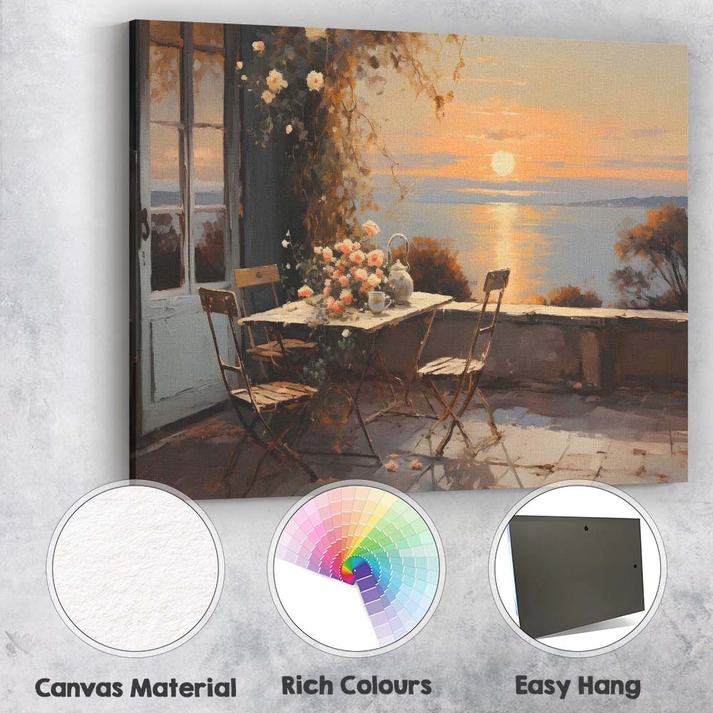 Romantic Sunset Terrace Ocean View Floral Cafe Painting Canvas Wall Art Print Decor Picture Ready to Hang