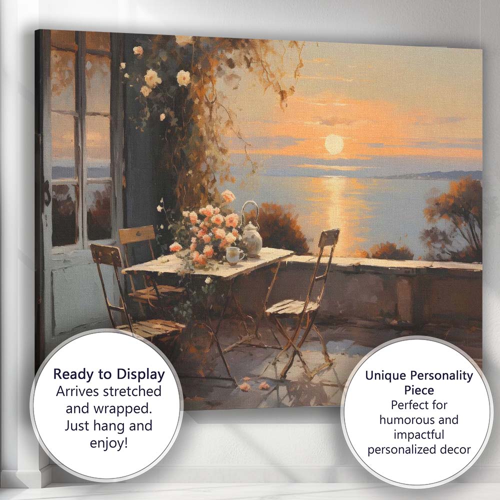 Romantic Sunset Terrace Ocean View Floral Cafe Painting Canvas Wall Art Print Decor Picture Ready to Hang