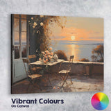 Romantic Sunset Terrace Ocean View Floral Cafe Painting Canvas Wall Art Print Decor Picture Ready to Hang