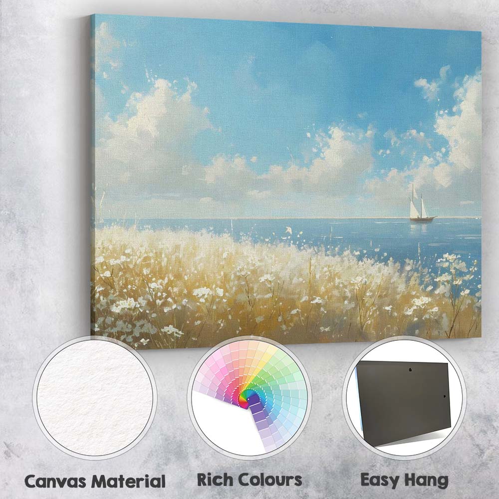 Wildflower Coastal Meadow Sailboat Blue Sea Landscape Canvas Wall Art Print Decor Picture Ready to Hang