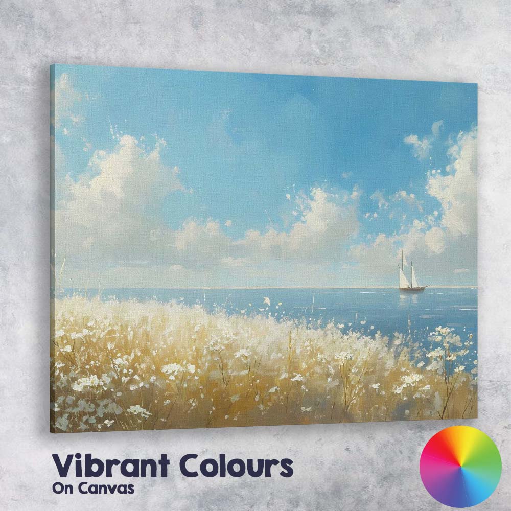 Wildflower Coastal Meadow Sailboat Blue Sea Landscape Canvas Wall Art Print Decor Picture Ready to Hang
