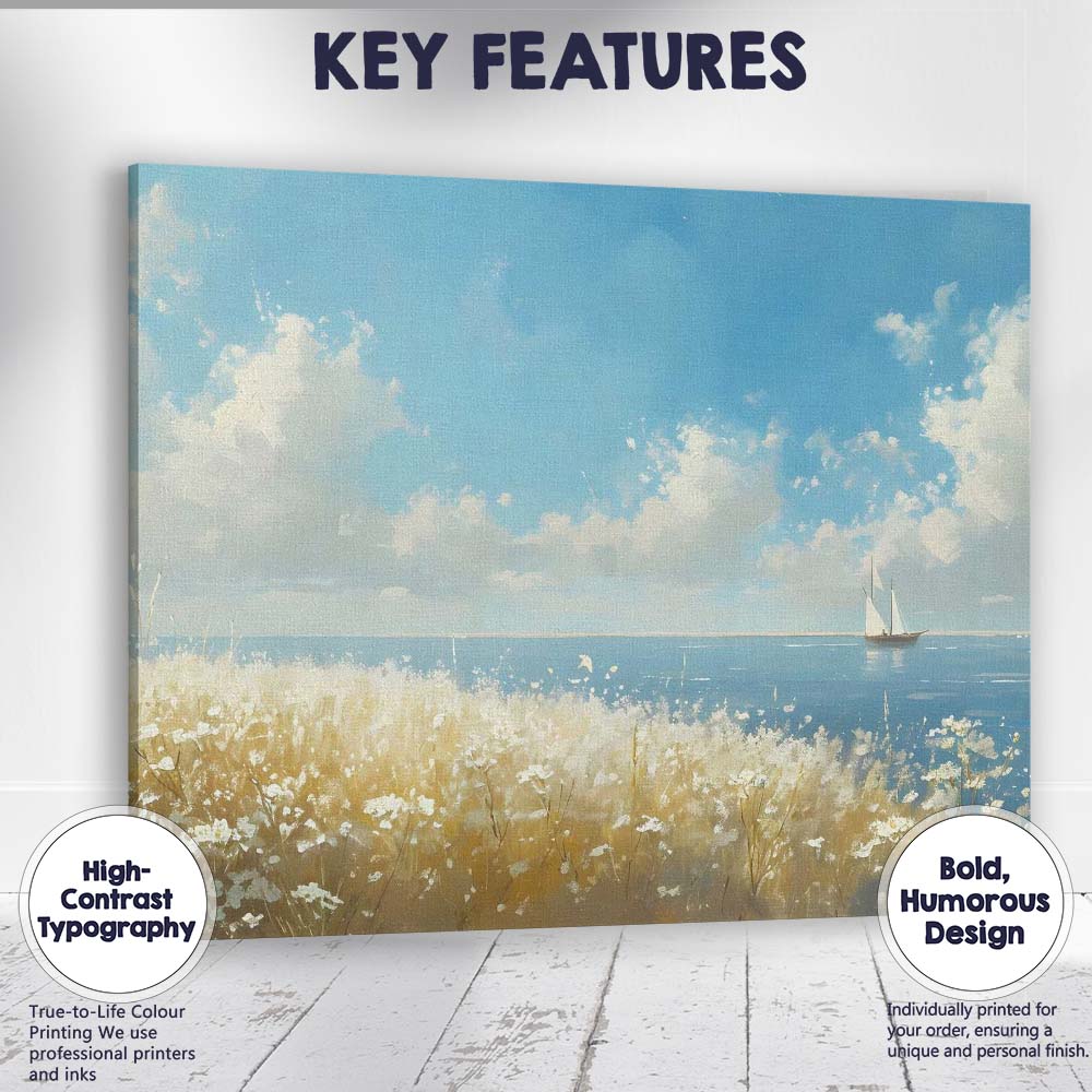 Wildflower Coastal Meadow Sailboat Blue Sea Landscape Canvas Wall Art Print Decor Picture Ready to Hang