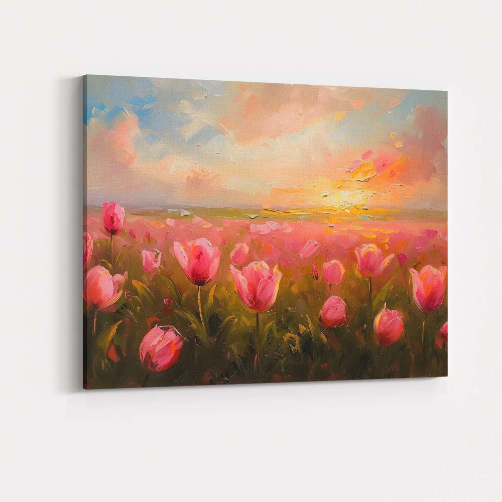 Pink Tulip Field Golden Sunrise Floral Landscape Canvas Wall Art Print Decor Picture Ready to Hang