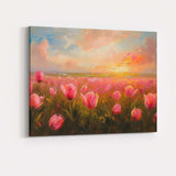 Pink Tulip Field Golden Sunrise Floral Landscape Canvas Wall Art Print Decor Picture Ready to Hang