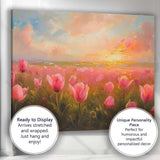 Pink Tulip Field Golden Sunrise Floral Landscape Canvas Wall Art Print Decor Picture Ready to Hang