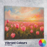 Pink Tulip Field Golden Sunrise Floral Landscape Canvas Wall Art Print Decor Picture Ready to Hang