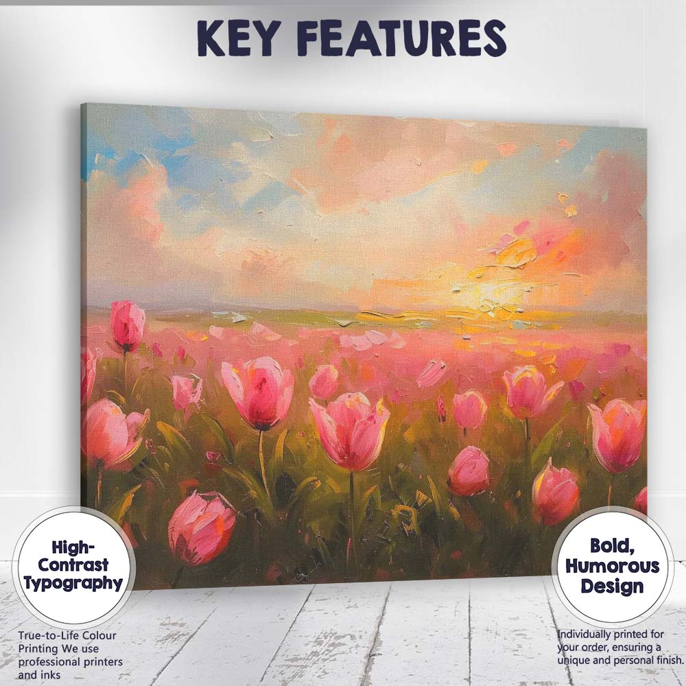 Pink Tulip Field Golden Sunrise Floral Landscape Canvas Wall Art Print Decor Picture Ready to Hang