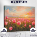 Pink Tulip Field Golden Sunrise Floral Landscape Canvas Wall Art Print Decor Picture Ready to Hang