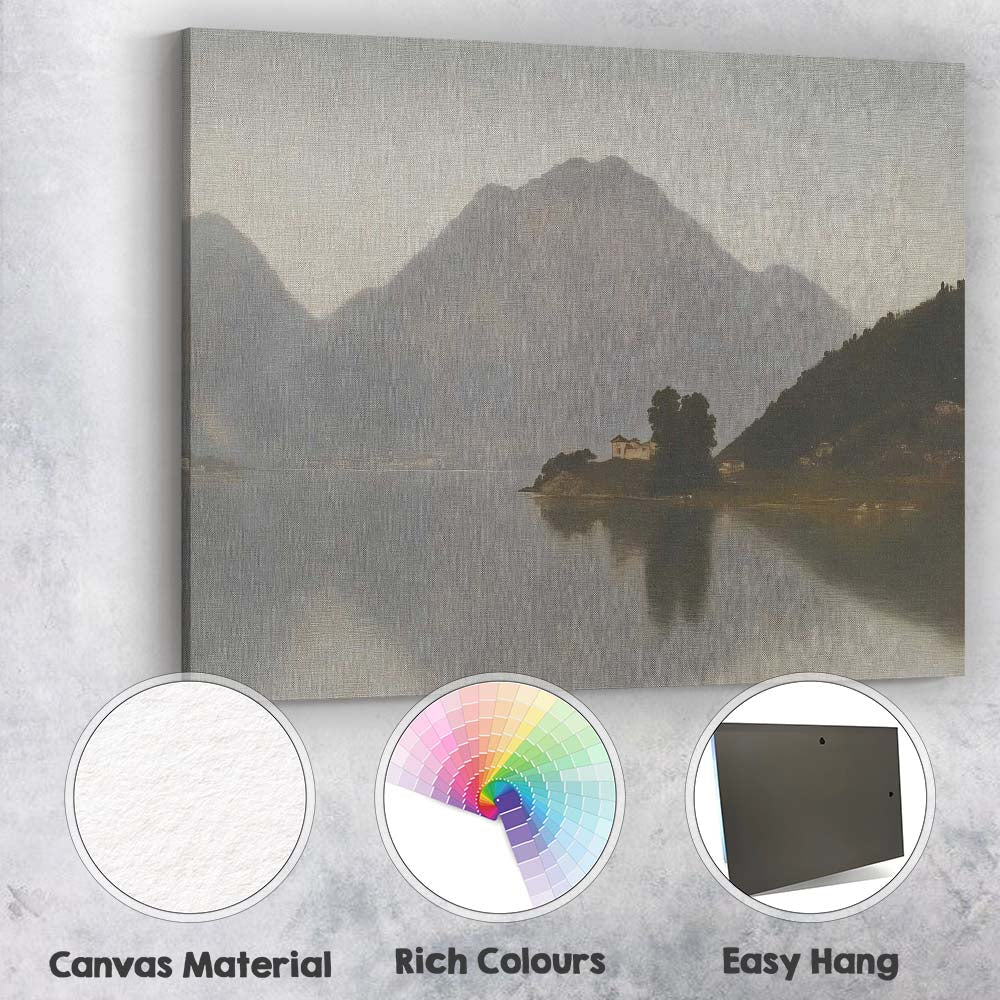 Misty Mountain Lake Island Landscape Neutral Tones Canvas Wall Art Print Decor Picture Ready to Hang