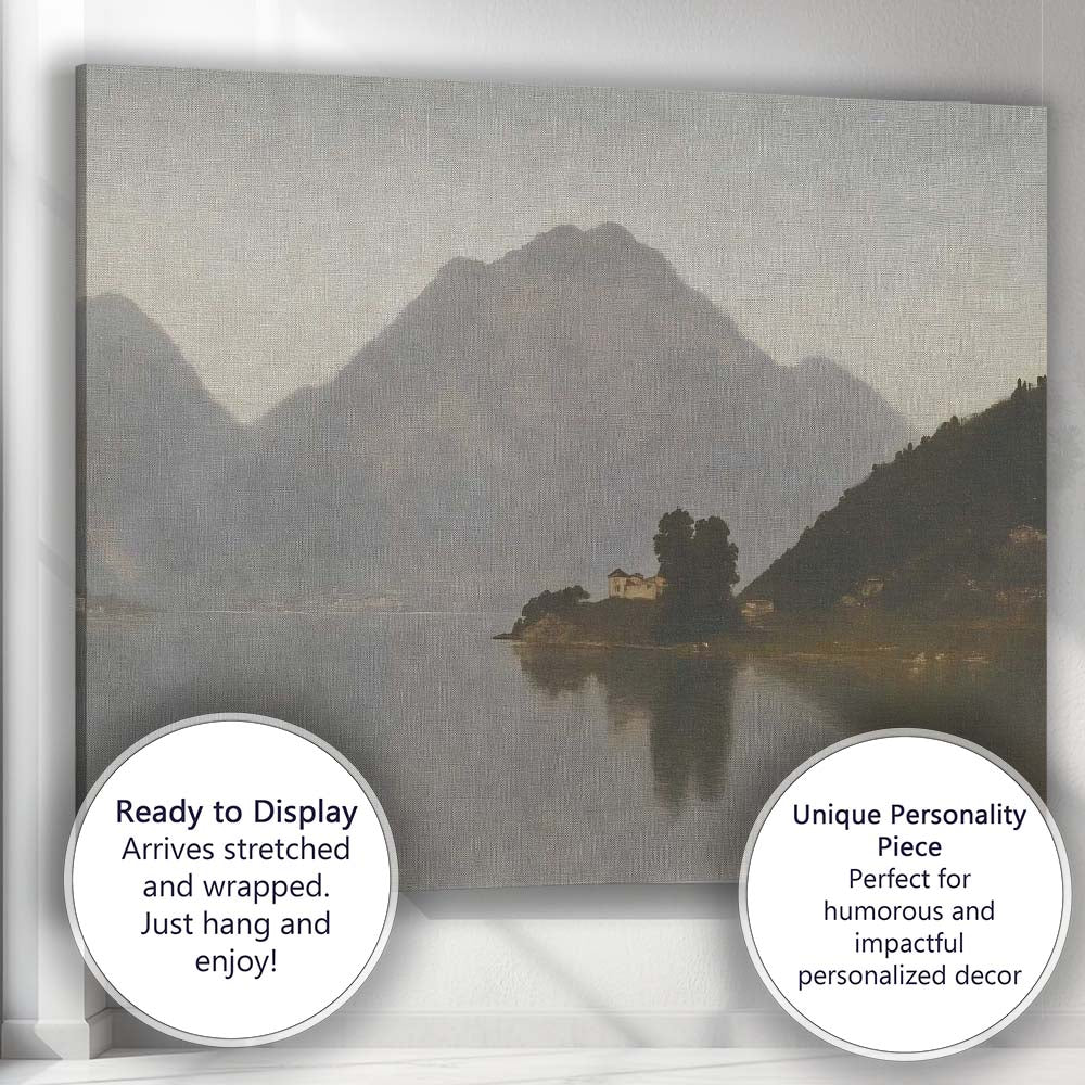 Misty Mountain Lake Island Landscape Neutral Tones Canvas Wall Art Print Decor Picture Ready to Hang