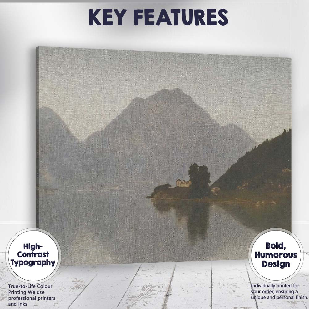 Misty Mountain Lake Island Landscape Neutral Tones Canvas Wall Art Print Decor Picture Ready to Hang