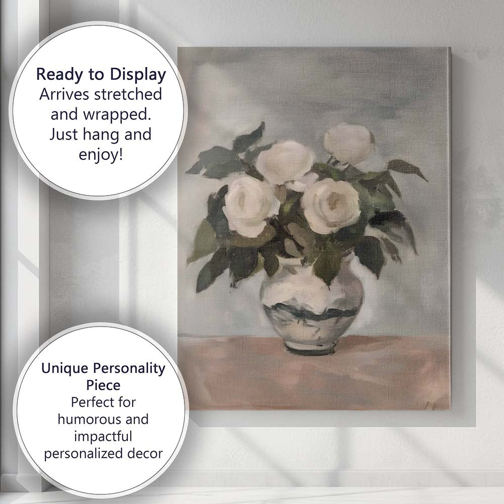 Neutral White Rose Bouquet Still Life Vase Painting Canvas Wall Art Print Decor Picture Ready to Hang
