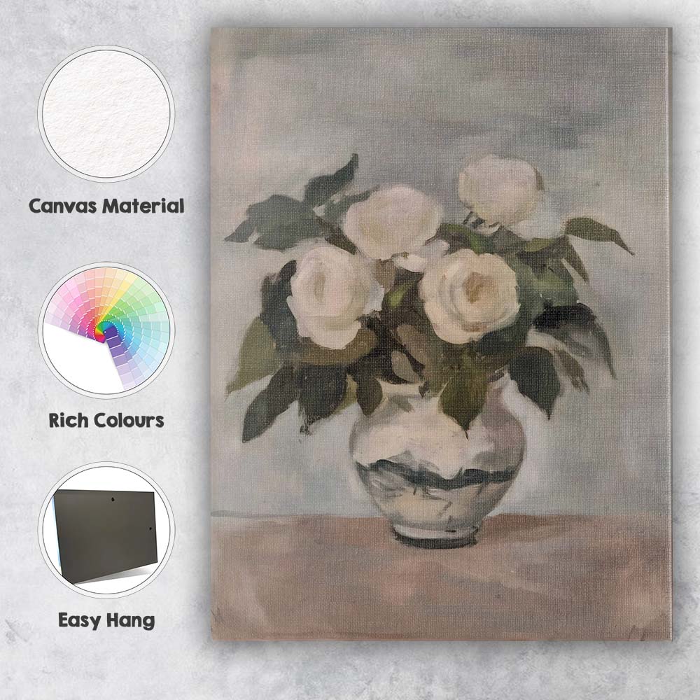 Neutral White Rose Bouquet Still Life Vase Painting Canvas Wall Art Print Decor Picture Ready to Hang