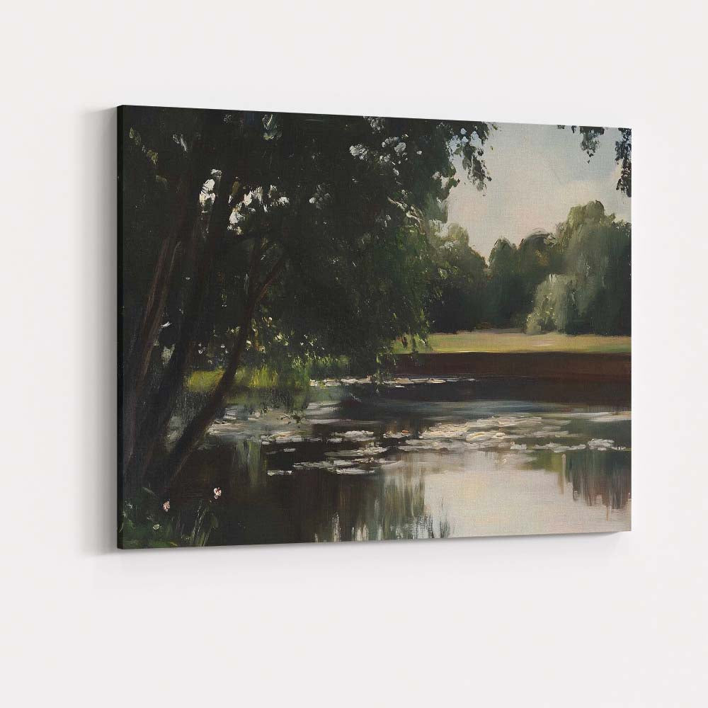 Dark Woodland River Reflection Landscape Oil Painting Canvas Wall Art Print Decor Picture Ready to Hang
