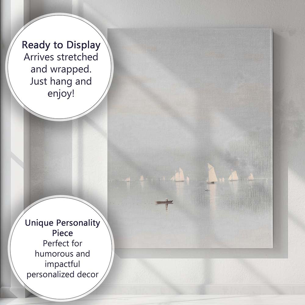 Minimalist Misty Sailboats Calm Harbour Coastal Painting Canvas Wall Art Print Decor Picture Ready to Hang