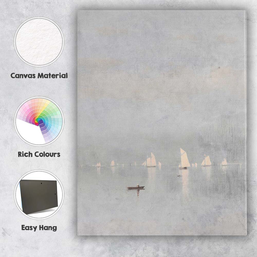 Minimalist Misty Sailboats Calm Harbour Coastal Painting Canvas Wall Art Print Decor Picture Ready to Hang