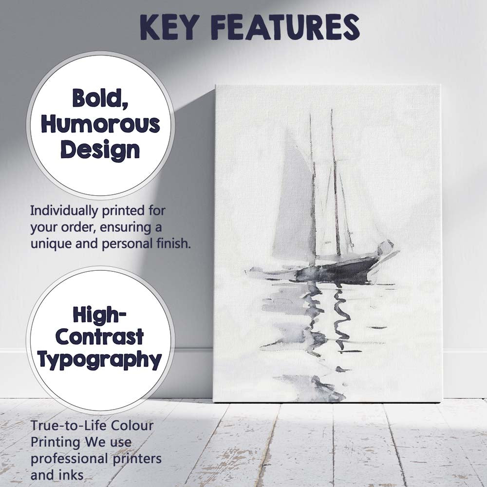 Minimalist Monochrome Sailboat Watercolour Nautical Painting Canvas Wall Art Print Decor Picture Ready to Hang