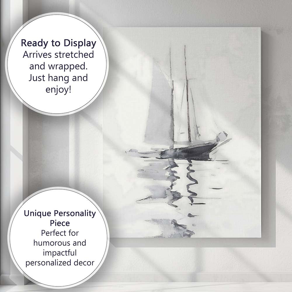 Minimalist Monochrome Sailboat Watercolour Nautical Painting Canvas Wall Art Print Decor Picture Ready to Hang