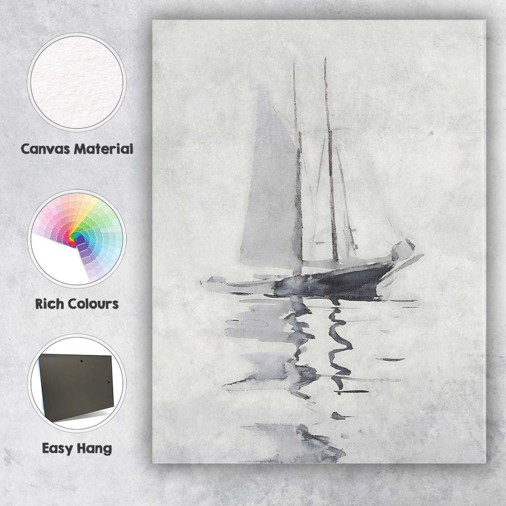 Minimalist Monochrome Sailboat Watercolour Nautical Painting Canvas Wall Art Print Decor Picture Ready to Hang