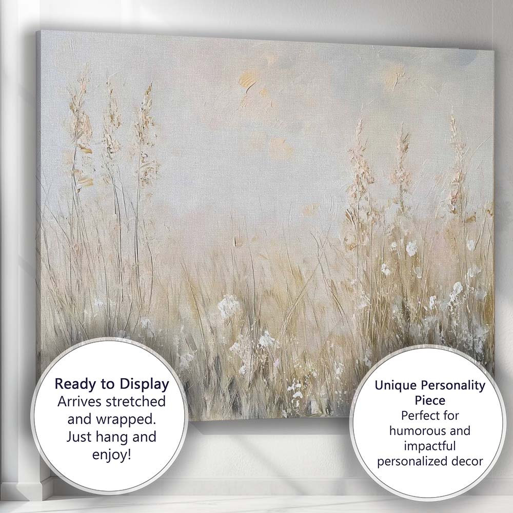 Soft Neutral Wildflower Meadow Textured Impressionist Landscape Canvas Wall Art Print Decor Picture Ready to Hang