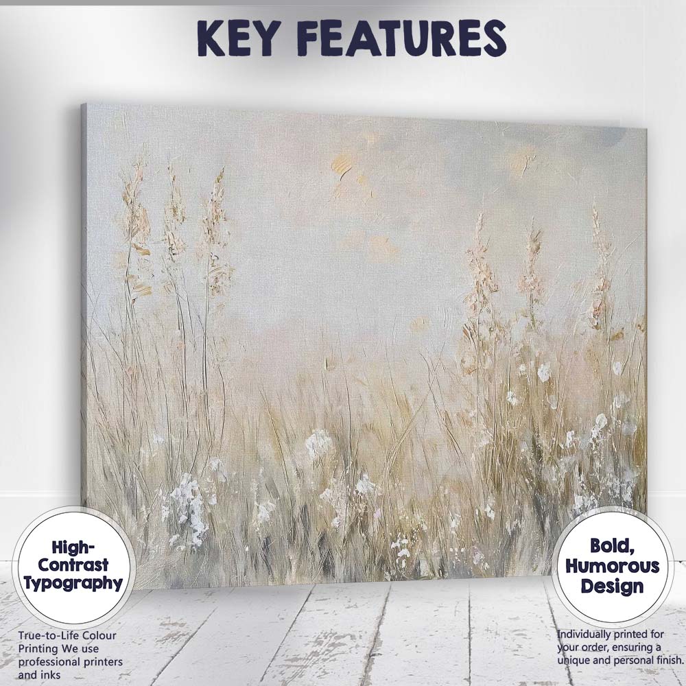 Soft Neutral Wildflower Meadow Textured Impressionist Landscape Canvas Wall Art Print Decor Picture Ready to Hang