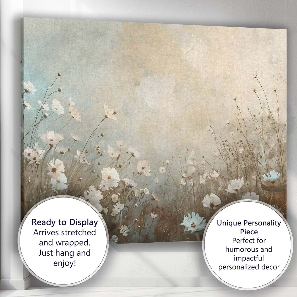Soft White Wildflower Meadow Botanical Minimalist Floral Canvas Wall Art Print Decor Picture Ready to Hang