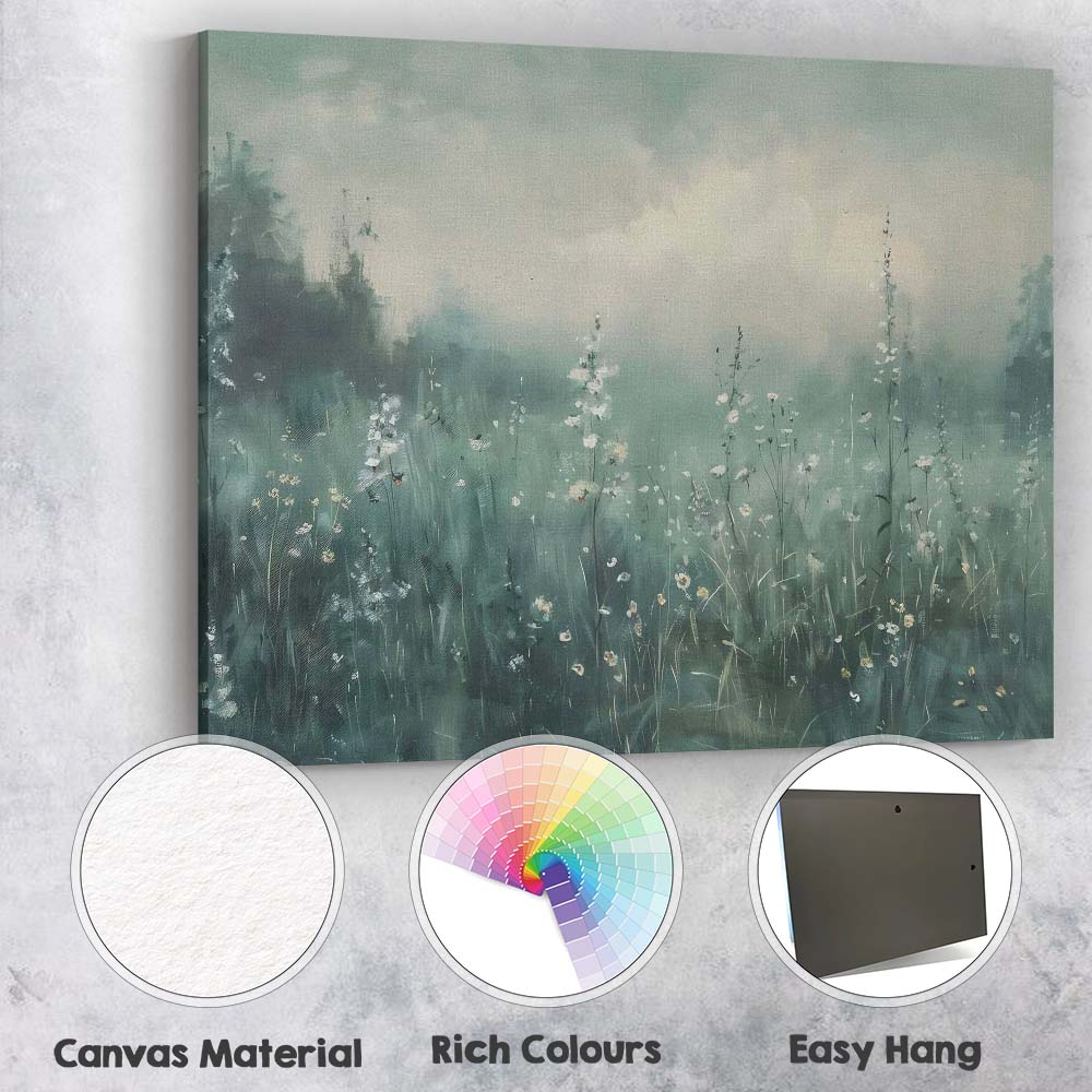 Misty Blue Wildflower Meadow Atmospheric Landscape Canvas Wall Art Print Decor Picture Ready to Hang