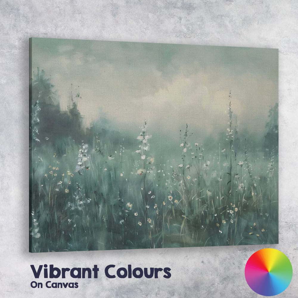 Misty Blue Wildflower Meadow Atmospheric Landscape Canvas Wall Art Print Decor Picture Ready to Hang