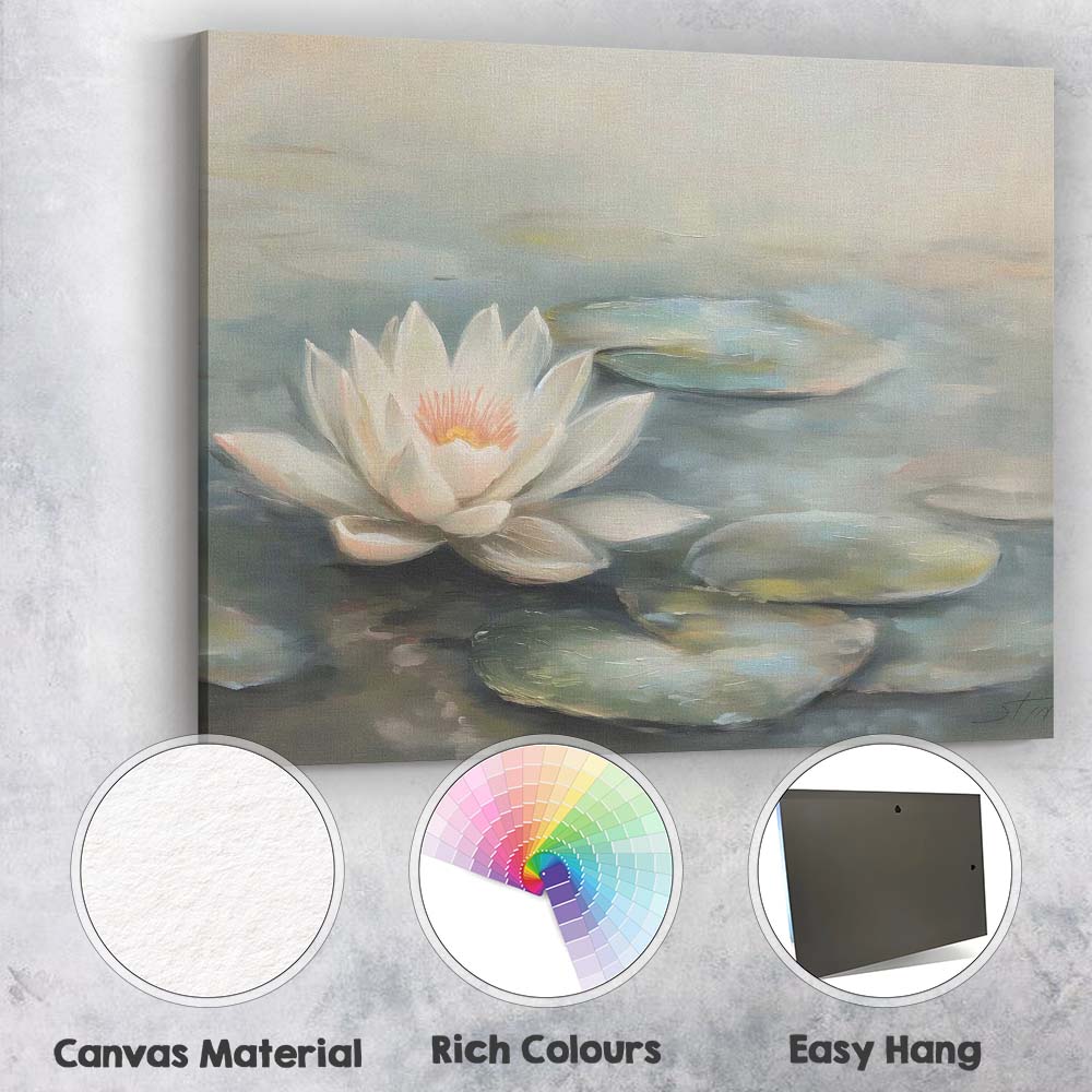 Serene White Water Lily Pond Botanical Floral Canvas Wall Art Print Decor Picture Ready to Hang