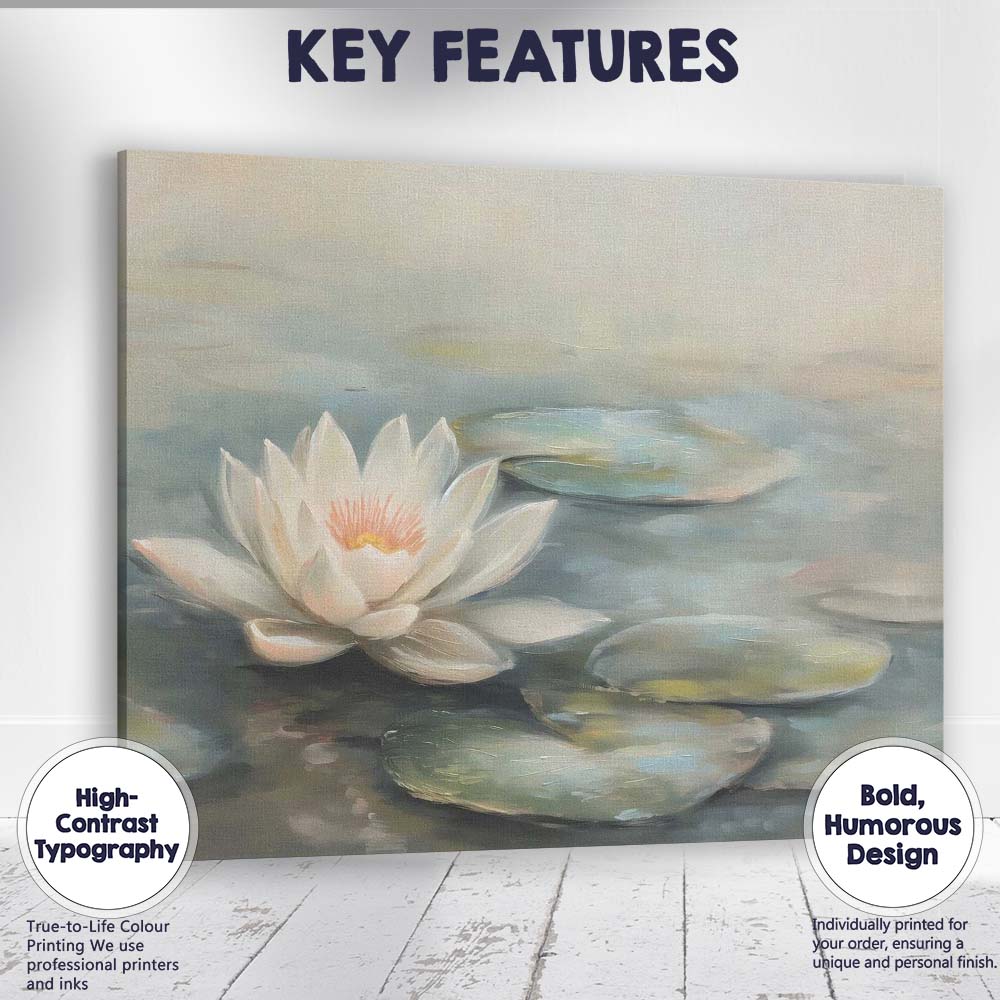Serene White Water Lily Pond Botanical Floral Canvas Wall Art Print Decor Picture Ready to Hang