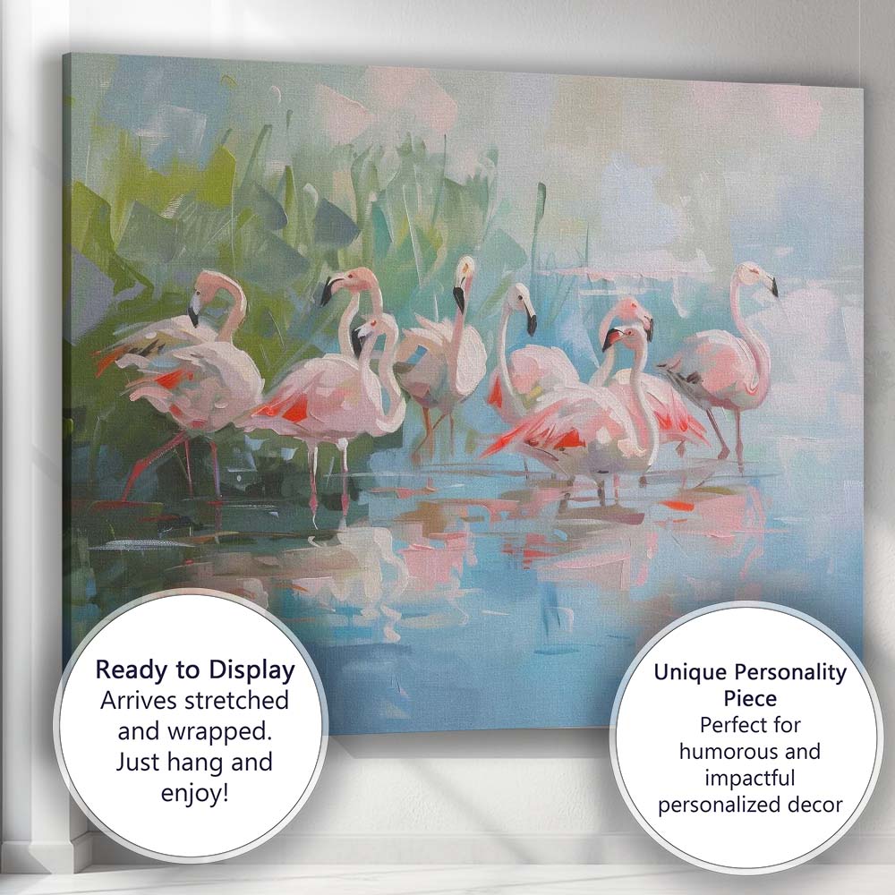 Contemporary Pink Flamingo Flock Waterside Wildlife Abstract Painting Canvas Wall Art Print Decor Picture Ready to Hang