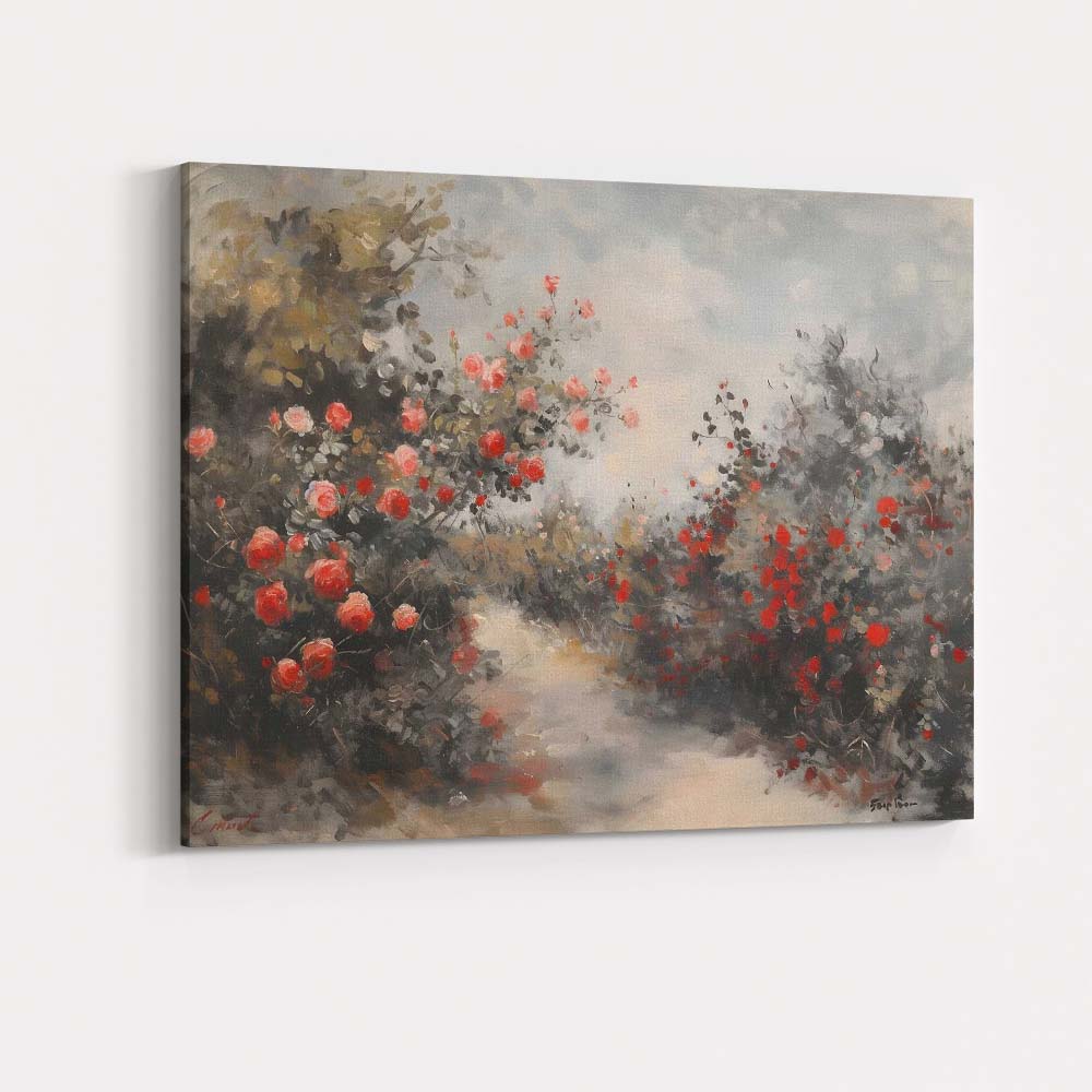 Romantic Red Rose Garden Path Impressionist Floral Landscape Canvas Wall Art Print Decor Picture Ready to Hang