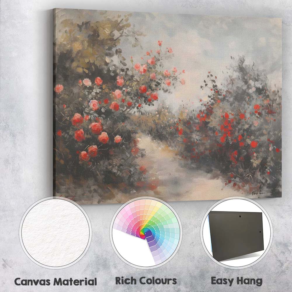 Romantic Red Rose Garden Path Impressionist Floral Landscape Canvas Wall Art Print Decor Picture Ready to Hang