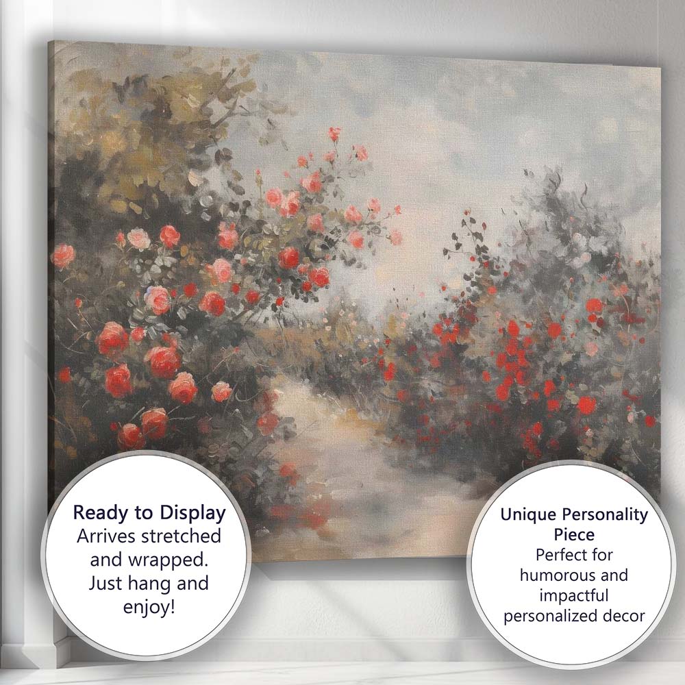 Romantic Red Rose Garden Path Impressionist Floral Landscape Canvas Wall Art Print Decor Picture Ready to Hang